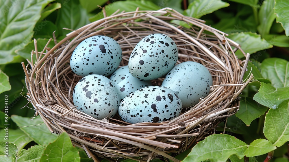 Blue eggs nestled in lush wild grass within a bird s nest in its natural habitat Blue eggs nestled in lush wild grass within a bird s nest in its natural habitat