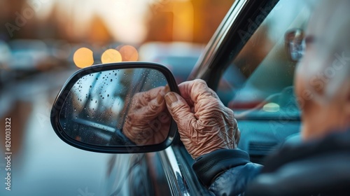 Senior Ensuring Safe Driving: Close-Up of Hand Adjusting Car Mirror for a Clear View of Surroundings
