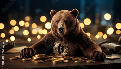 A bear sitting at a table with Bitcoin coins, with a background of warm, blurry lights, symbolizing a bearish market for cryptocurrency Generative AI