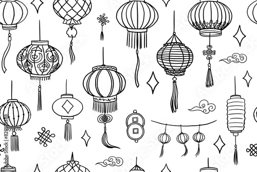 Seamless pattern of Lantern Festival in doodle style. Chinese lanterns in all sorts of shapes and sizes. Chinese culture. Chinese New Year Decoration. Great for banner, poster. Hand drawn