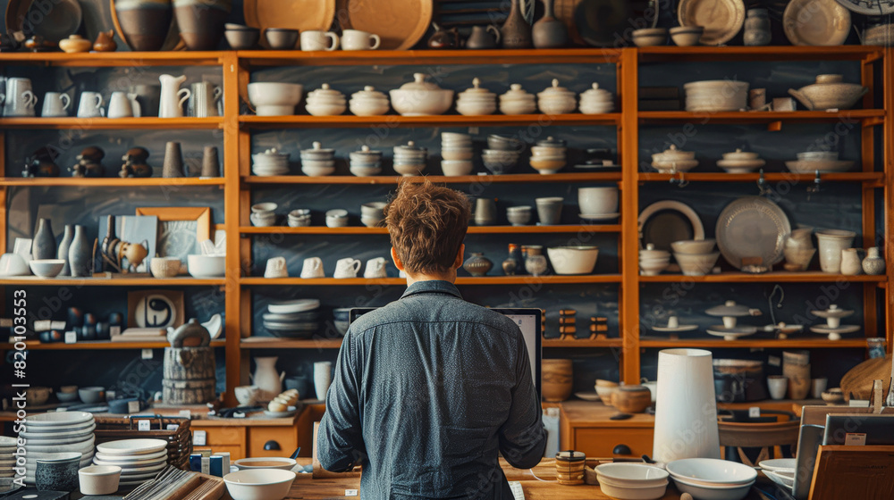 a dedicated craftsman surrounded by his creations, deeply engaged with design work on his computer, the backdrop showcasing neatly arranged shelves of his artisanal wares. a dedicated craftsman surrounded by his creations, deeply engaged with design work on his computer, the backdrop showcasing neatly arranged shelves of his artisanal wares.