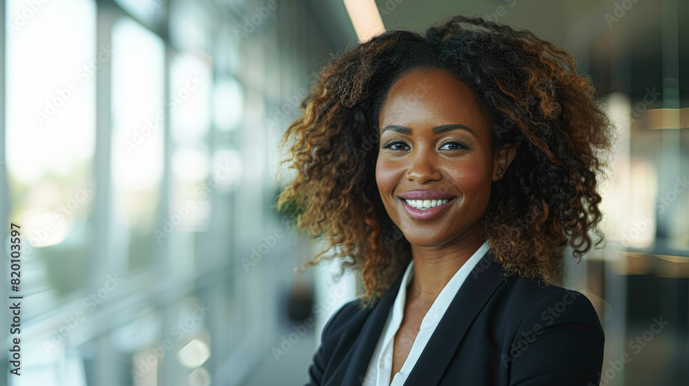 an entrepreneurial woman in a sleek suit, her warm smile reflecting her success, standing in a stylish office with floor-to-ceiling windows casting a gentle light. an entrepreneurial woman in a sleek suit, her warm smile reflecting her success, standing in a stylish office with floor-to-ceiling windows casting a gentle light.