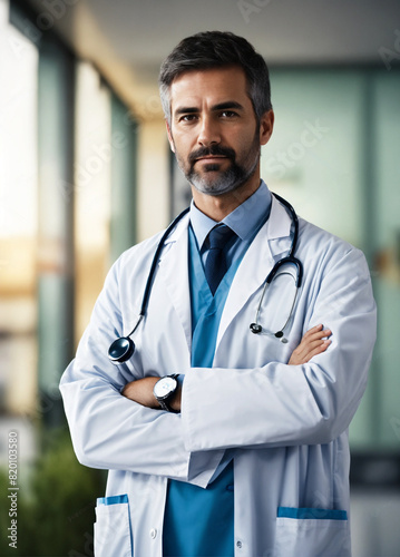 Healthcare, medical staff concept. Portrait of smiling male doctor posing with folded arms on grey studio background, free space. Professional general practitioner.