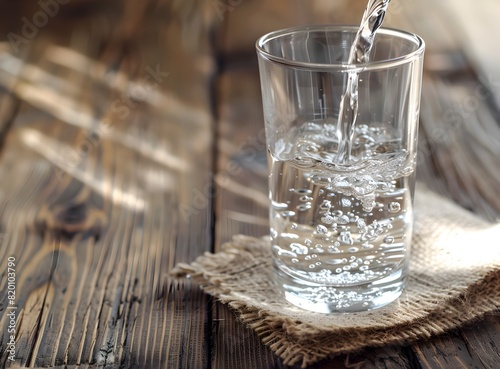 Water is being poured into a glass on a wooden table