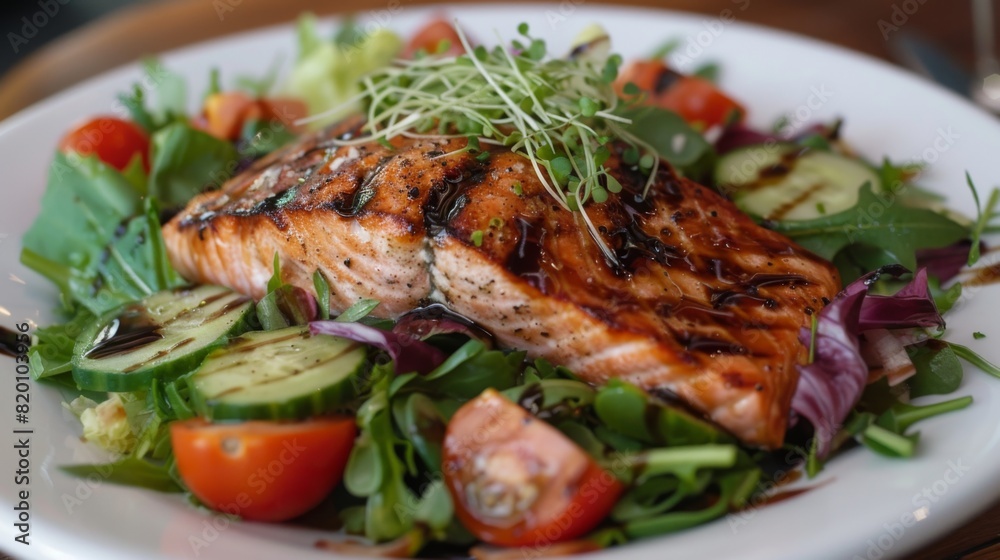 Healthy salmon salad with mixed greens, cherry tomatoes, cucumber slices, and grilled salmon fillet, dressed with balsamic vinaigrette. Healthy salmon salad with mixed greens, cherry tomatoes, cucumber slices, and grilled salmon fillet, dressed with balsamic vinaigrette.