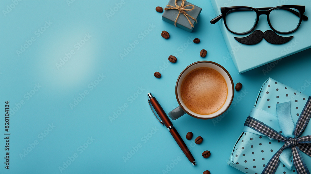 All accessories of Father's day concepts isolated on blue background which top view. Glasses, Black mustache, Necktie, A cup of coffee and the blue box present. Generative AI Illustrations.