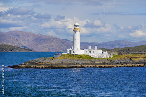 Lismore Lighthouse on Eilean Musdile in Scotland. It is a lighthouse on a small islet in the south west of Lismore island.