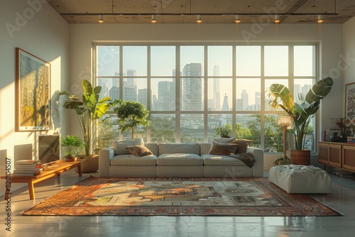 Interiors featuring a couch  rug  and cityview windows in a residential area