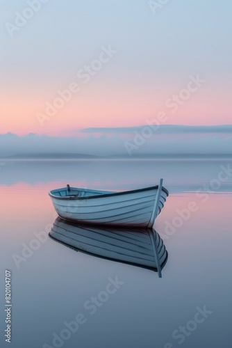 A lone white boat rests on still waters against a backdrop of soft morning colors in the tranquil scene