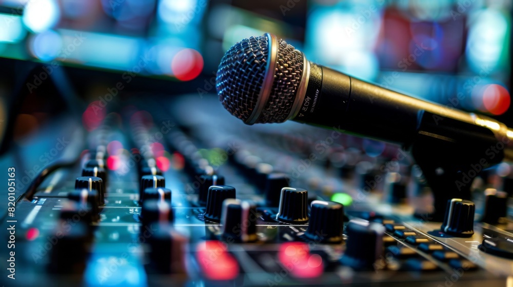Microphone in a radio station, with a DJ adjusting the settings and ready to go live on air. Microphone in a radio station, with a DJ adjusting the settings and ready to go live on air.