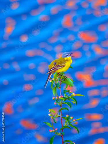 Western yellow wagtail is perching on a branch and singing against a blue water.