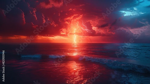 Stormy Seascape at Sunset  Lightning Strikes amidst Turbulent Waters