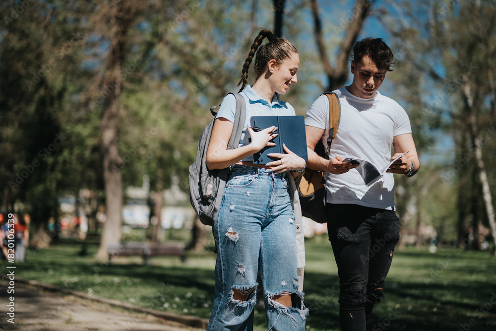 Fototapeta premium Casual young students collaborating on their studies in a vibrant sunny park with lush greenery around.