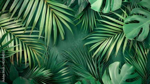 tropical palm leaf and shadow, abstract natural green background, dark tone textures