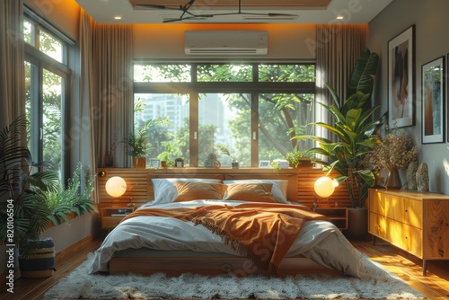 A cozy bedroom with a kingsized bed, numerous windows, and lush plants