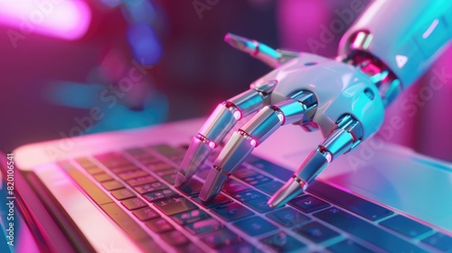 3d render of robot hand touching laptop keyboard  close up  pink and blue light background 