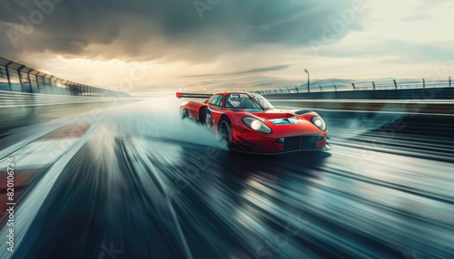 A red race car is driving down a wet road with a sunset in the background by AI generated image