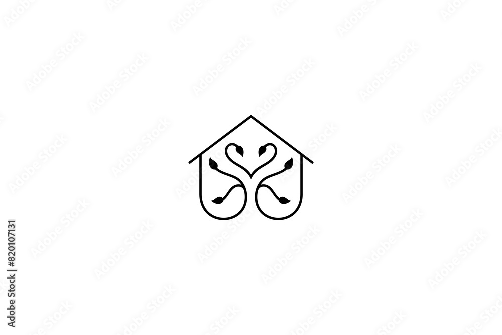 Minimalist house line logo with leaf decoration Minimalist house line logo with leaf decoration