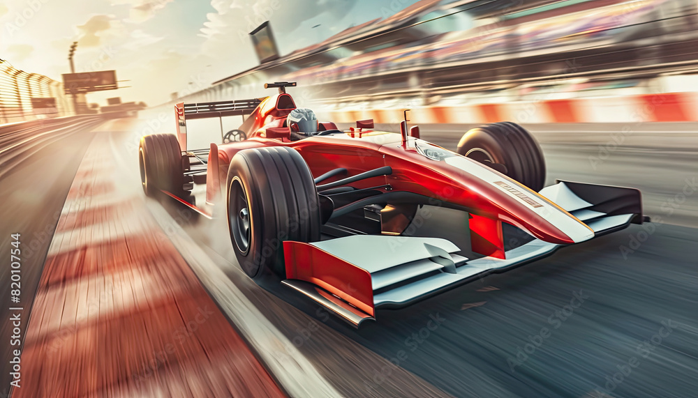 A red race car is driving down a wet road with a sunset in the background by AI generated image A red race car is driving down a wet road with a sunset in the background by AI generated image