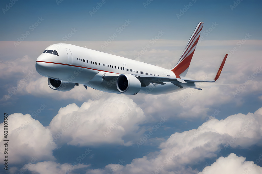 Airplane in the Clouds and Blue Sky in the Background, Over the Cloudy Sky, Passenger Civil Airplane Jet Flying at Flight Level High in the Sky Above the Clouds and Blue Sky, View Directly in Front