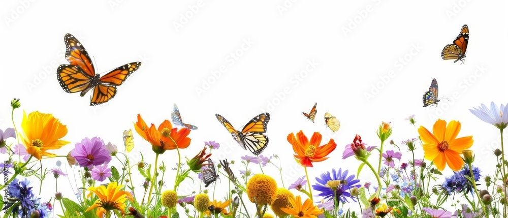 Fototapeta premium Colorful butterflies and wildflowers in full bloom against a white background, showcasing the beauty of nature and biodiversity.