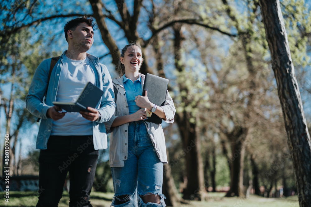 Two cheerful students enjoying a sunny day while walking and talking with notebooks in a park. Two cheerful students enjoying a sunny day while walking and talking with notebooks in a park.