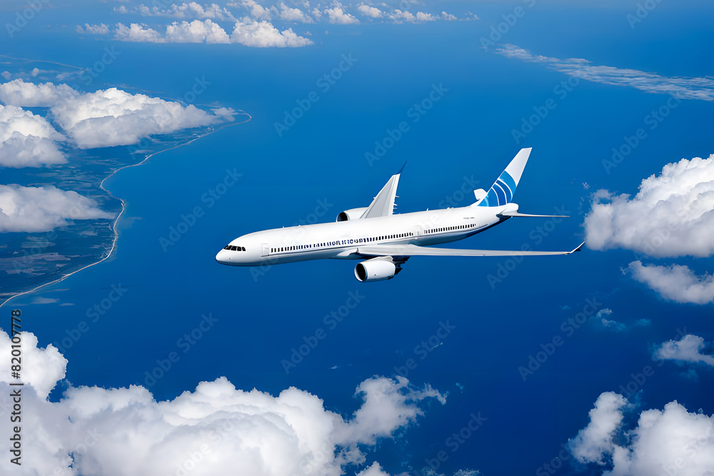 Airplane in the Clouds and Blue Sky in the Background, Over the Cloudy Sky, Passenger Civil Airplane Jet Flying at Flight Level High in the Sky Above the Clouds and Blue Sky, View Directly in Front Airplane in the Clouds and Blue Sky in the Background, Over the Cloudy Sky, Passenger Civil Airplane Jet Flying at Flight Level High in the Sky Above the Clouds and Blue Sky, View Directly in Front