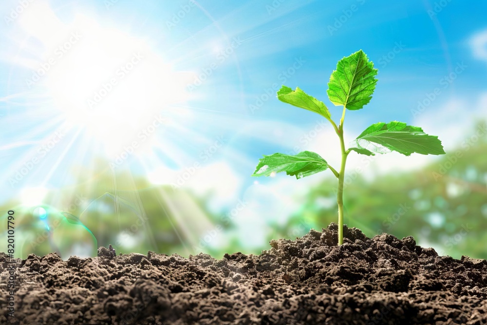 Young green plant seedling growing in soil with bright sun and blue sky ...