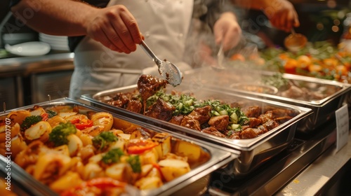 Indoor Catering Buffet with Grilled Meat for Festive Events, Parties, and Weddings - Group of People Enjoying the Spread in a Restaurant