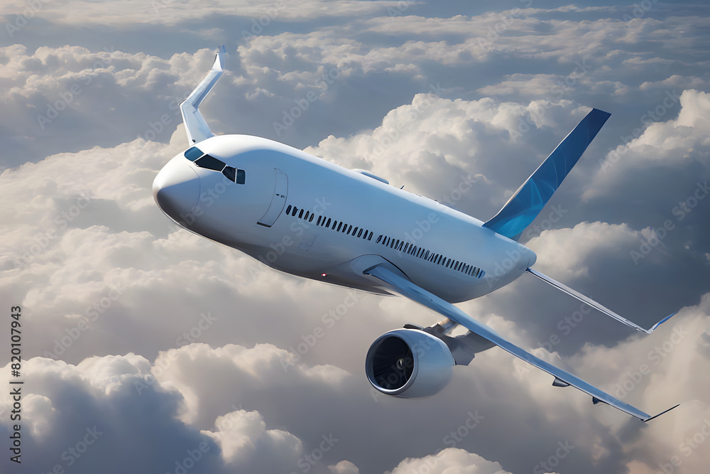 Obraz premium Airplane in the Clouds and Blue Sky in the Background, Over the Cloudy Sky, Passenger Civil Airplane Jet Flying at Flight Level High in the Sky Above the Clouds and Blue Sky, View Directly in Front