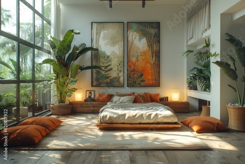 A cozy bedroom with bed, pillows, plants, and a spacious window