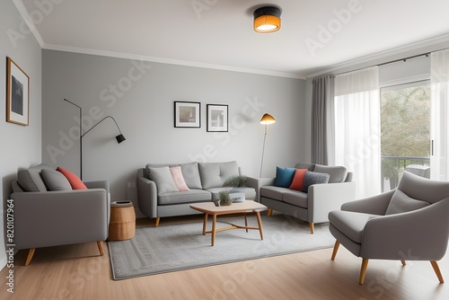 A living room interior featuring a cozy grey sofa  an armchair  and glowing lamps.