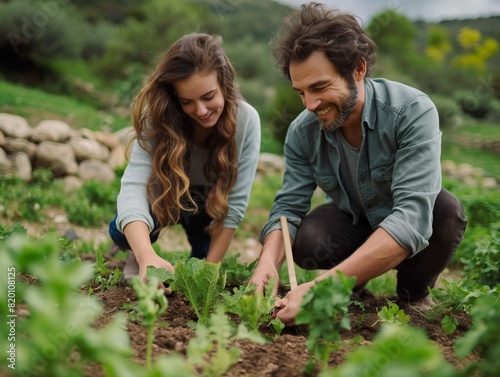 A man and a woman are planting vegetables in a garden. The man is smiling and the woman is also smiling. Scene is happy and positive