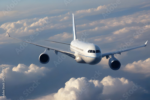 Airplane in the Clouds and Blue Sky in the Background  Over the Cloudy Sky  Passenger Civil Airplane Jet Flying at Flight Level High in the Sky Above the Clouds and Blue Sky  View Directly in Front