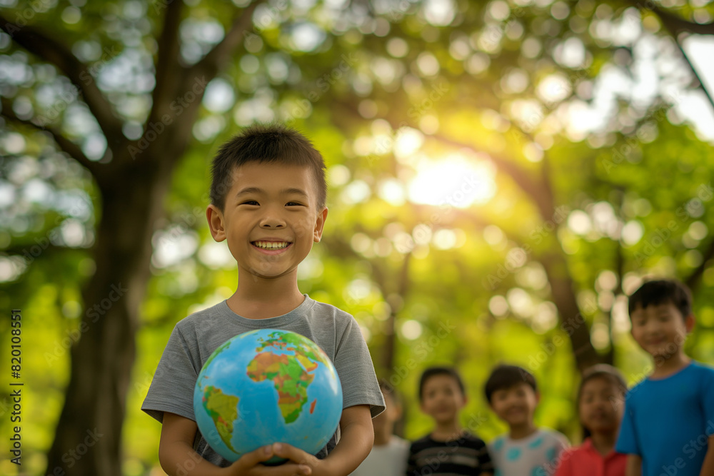 Joyful young boy smiling brightly while holding a globe in front of a group of friends in a lush park, symbolizing environmental awareness and hope for the future Joyful young boy smiling brightly while holding a globe in front of a group of friends in a lush park, symbolizing environmental awareness and hope for the future