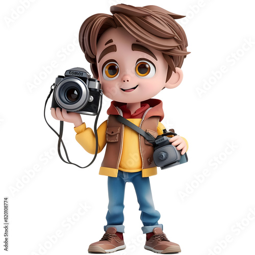 3d Cute cartoon boy with DSLR camera Isolated on transparent background, Playful Transparent PNG Character