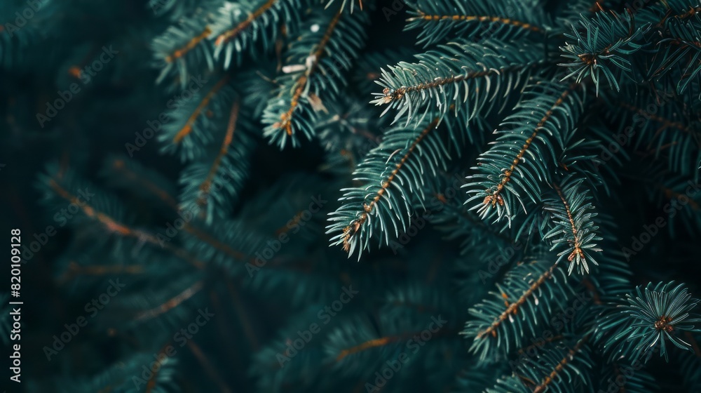 Beautiful Christmas Background with green fir tree brunch close up. Copy space, trendy moody dark toned design for seasonal quotes. Vintage December wallpaper. Natural winter holiday forest backdrop