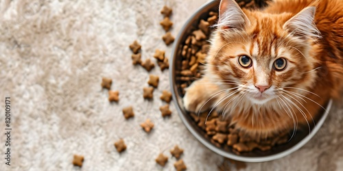 Pets eagerly eyeing bowl of dry kibble on beige carpet surface. Concept Pets, Kibble, Beige Carpet, Hungry Eyes, Animal Behavior photo