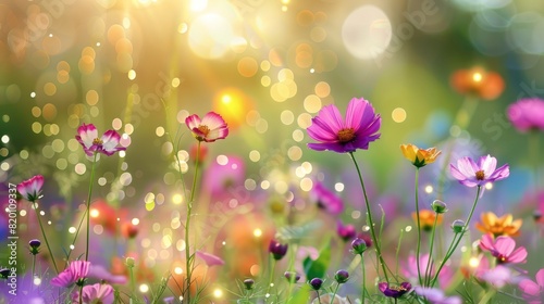 Colorful flower meadow with sunbeams and bokeh lights in summer - nature background banner with copy space - summer greeting card wildflowers spring concept © vannet
