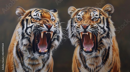 two tigers with their mouths open