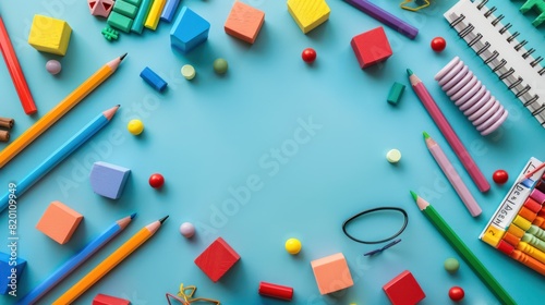 Mathematics Learning Concept with Colorful Fractions Cubes and School Supplies on Light Blue Background - Top View Copy Space