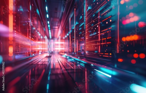 3D rendering of a data center with servers and digital technology in the background, a futuristic network connection abstract wallpaper design for an internet concept