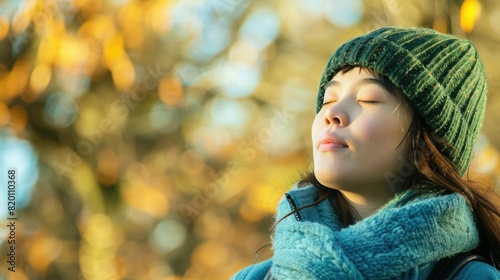 On a chilly day, a serene girl wearing a blue coat, green hat, and coat closes her eyes as she enjoys a sunny day in an autumn park with a blurry background