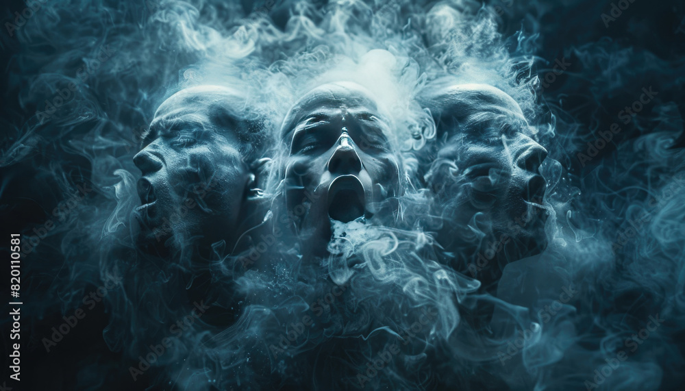 Three faces are shown in a cloud of smoke by AI generated image Three faces are shown in a cloud of smoke by AI generated image