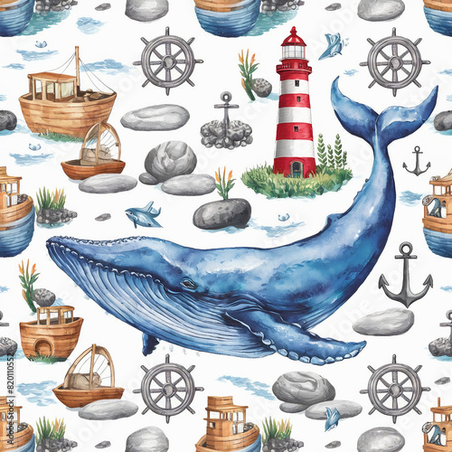 Watercolor creative whale seamless pattern. Hand painted fantasy texture with blue sea whale, lighthouse, anchor, plants, wheel, oldboat, stones on white background. Vintage style nautical wallpaper photo