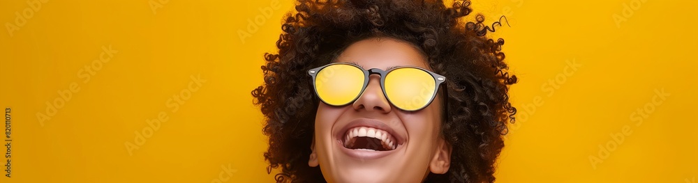 A cheerful young woman with curly hair happily stands against a bright yellow background, wearing trendy reflective sunglasses, exuding joy and a carefree attitude in a vibrant and positive manner A cheerful young woman with curly hair happily stands against a bright yellow background, wearing trendy reflective sunglasses, exuding joy and a carefree attitude in a vibrant and positive manner