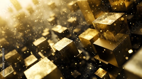 Golden blockchain cubes floating in glittering background