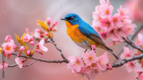 Cherry Blossom Serenade: Colorful Songbird Perched Among Blossoms