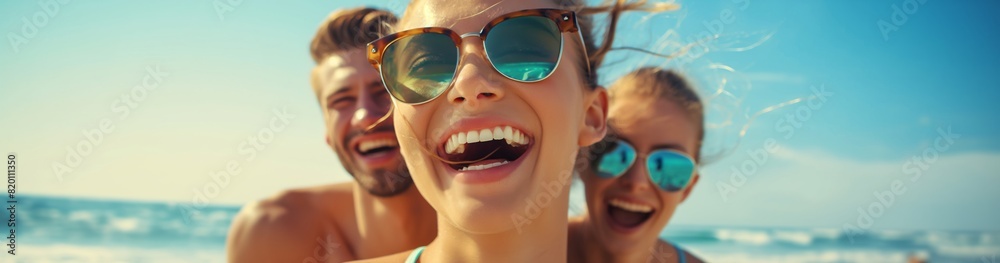 A jovial group of friends is having a delightful beach day filled with laughter and fun under the bright sunshine. They embrace the freedom of the outdoors and enjoy the carefree moments A jovial group of friends is having a delightful beach day filled with laughter and fun under the bright sunshine. They embrace the freedom of the outdoors and enjoy the carefree moments