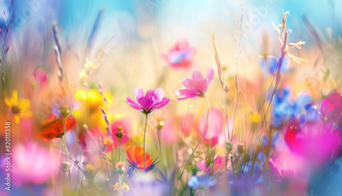 Beautiful summer meadow with pink and blue wildflowers. Vegetative nature landscape with soft effect.
